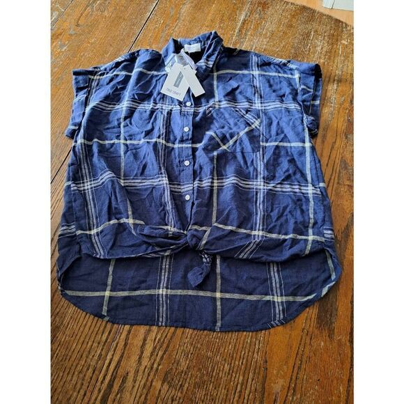 New Med True Craft Short Sleeve Tie Waist Button Blue White Shirt Linen Lyocell - Picture 1 of 3